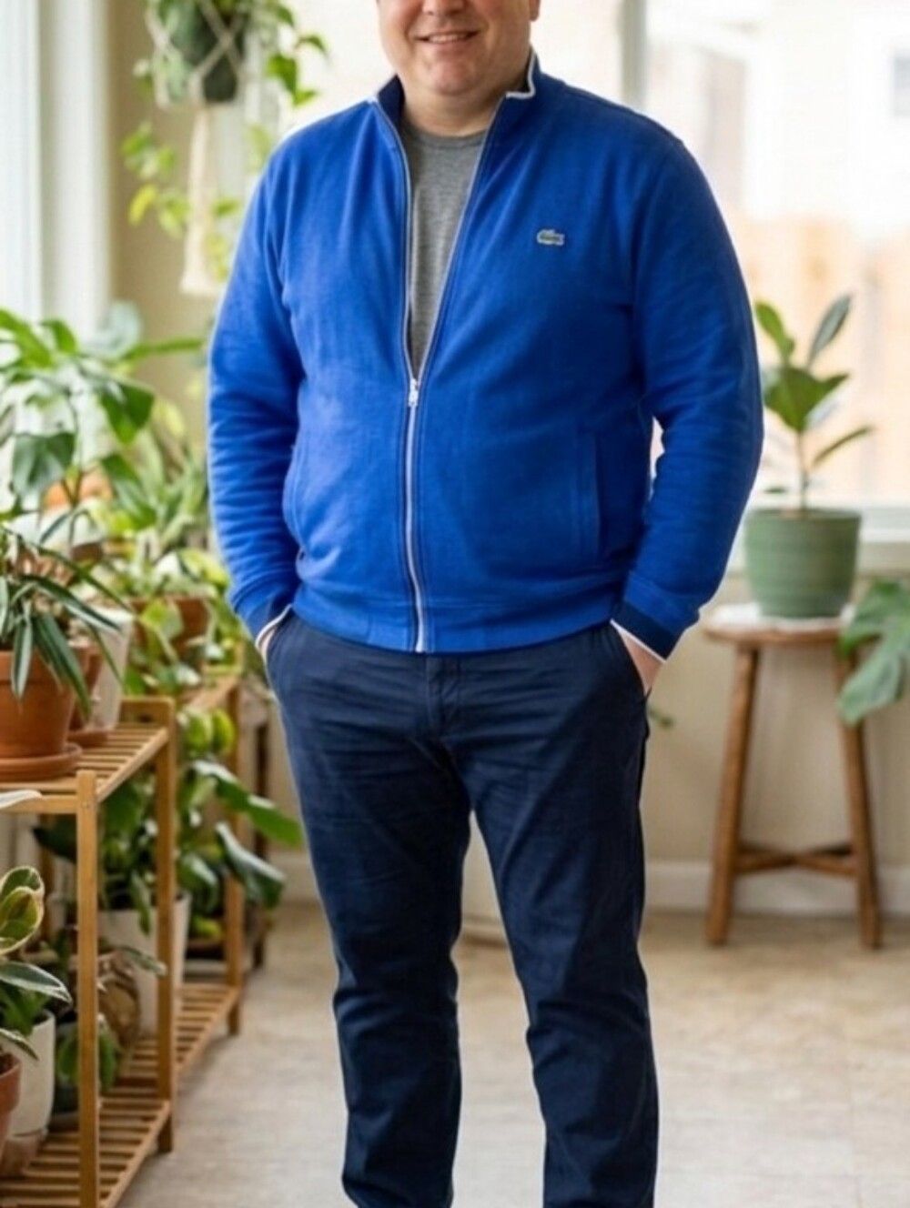 Lacoste Men's XXL Royal Blue Full Zip Sweater Jacket 100% Cotton Crocodile Logo